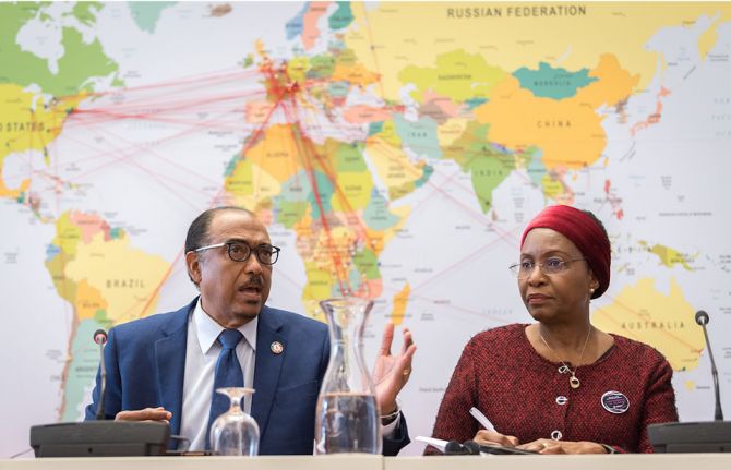 Photo: Albin Hillert/WCC. 21 February 2019, Geneva, Switzerland: UNAIDS Executive Director Michel Sidibé visits the Ecumenical Centre in Geneva, received by World Council of Churches deputy general secretary Isabel Apawo Phiri. Photo: Albin Hillert/WCC. 21 February 2019, Geneva, Switzerland: UNAIDS Executive Director Michel Sidibé visits the Ecumenical Centre in Geneva, received by World Council of Churches deputy general secretary Isabel Apawo Phiri.