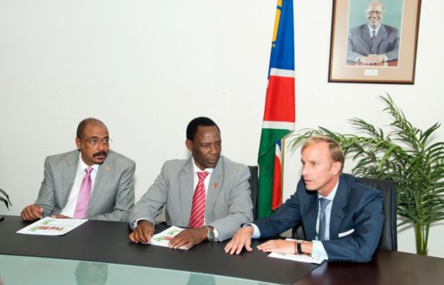 UNAIDS Executive Director Michel Sidibé and Dr Mark Dybul, Executive Director of the Global Fund to fight AIDS, Tuberculosis and Malaria met with Dr Richard Kamwi Namibian Minister of Health and Social Services in Windhoek, Namibia, 03 November 2014. UNAIDS Executive Director Michel Sidibé and Dr Mark Dybul, Executive Director of the Global Fund to fight AIDS, Tuberculosis and Malaria met with Dr Richard Kamwi Namibian Minister of Health and Social Services in Windhoek, Namibia, 03 November 2014.