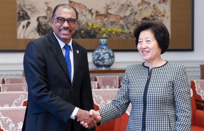 Chinese Vice Premier Sun Chunlan (R) meets with Michel Sidibé, UN under-secretary-general, and UNAIDS executive director, in Beijing, capital of China, June 20, 2018. (Xinhua/Chen Yehua) Chinese Vice Premier Sun Chunlan (R) meets with Michel Sidibé, UN under-secretary-general, and UNAIDS executive director, in Beijing, capital of China, June 20, 2018. (Xinhua/Chen Yehua)