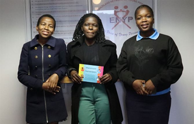 Simphiwe Matshebula, Ntsiki Shabangu and Nondumiso Thuso work as HIV peer educators with the Eswatini Network of Young Positives to educate young women and girls about HIV. ©UNAIDS 2023. Simphiwe Matshebula, Ntsiki Shabangu and Nondumiso Thuso work as HIV peer educators with the Eswatini Network of Young Positives to educate young women and girls about HIV. ©UNAIDS 2023.
