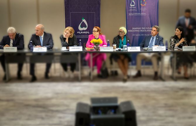 Panel 7: “Fostering Global Cooperation to Leave No One Behind,” at NGIC XXVII High-Level meeting on “Shaping the Future: Rebooting Multilateralism,” held at the Knickerbocker Hotel on Sept 21, 2023, during the 78th UN General Assembly in New York. Panel 7: “Fostering Global Cooperation to Leave No One Behind,” at NGIC XXVII High-Level meeting on “Shaping the Future: Rebooting Multilateralism,” held at the Knickerbocker Hotel on Sept 21, 2023, during the 78th UN General Assembly in New York.