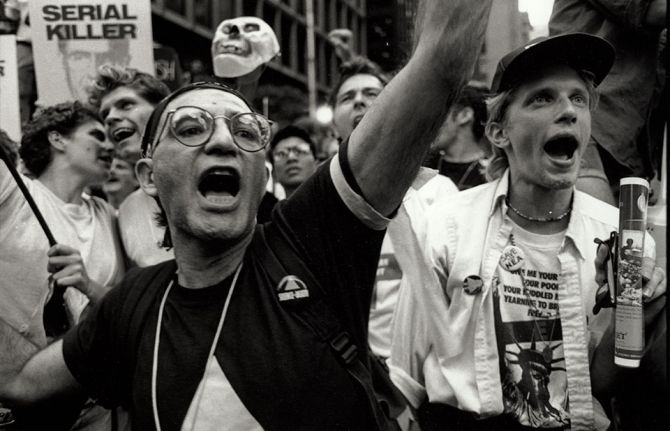 People marching for HIV treatment at a demonstration in May 1990 at the National Institutes of Health in Washington, DC, United States of America. Credit: Elizabeth Carecchio People marching for HIV treatment at a demonstration in May 1990 at the National Institutes of Health in Washington, DC, United States of America. Credit: Elizabeth Carecchio