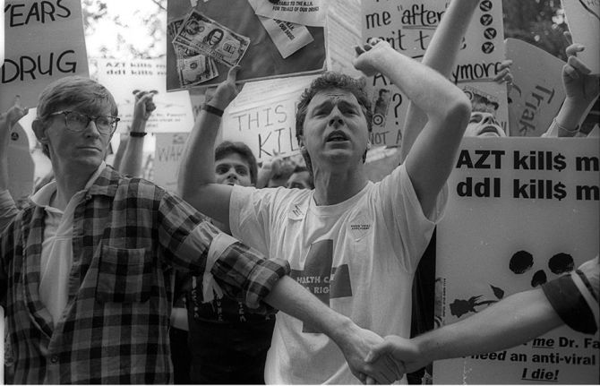People marching for HIV treatment at a demonstration in May 1990 at the National Institutes of Health in Washington, DC, United States of America. Credit: Elizabeth Carecchio People marching for HIV treatment at a demonstration in May 1990 at the National Institutes of Health in Washington, DC, United States of America. Credit: Elizabeth Carecchio