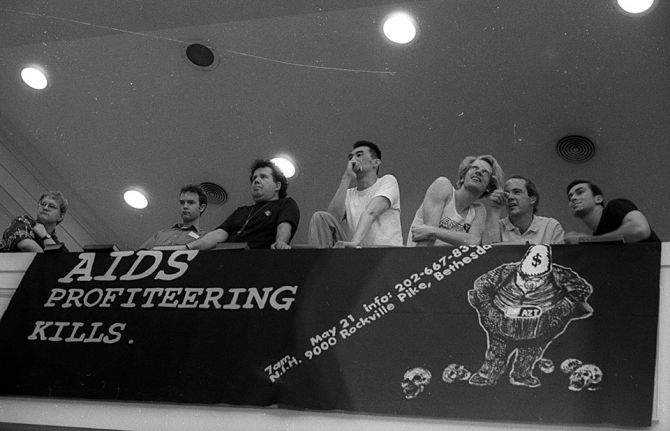 People marching for HIV treatment at a demonstration in May 1990 at the National Institutes of Health in Washington, DC, United States of America. Credit: Elizabeth Carecchio People marching for HIV treatment at a demonstration in May 1990 at the National Institutes of Health in Washington, DC, United States of America. Credit: Elizabeth Carecchio
