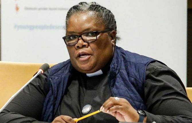 Pumzile Mabizela speaking during a conference on prospects for women and girls in Eastern and Southern Africa at the UN in New York in 2015. Credit: Kena Betancur/UNAIDS