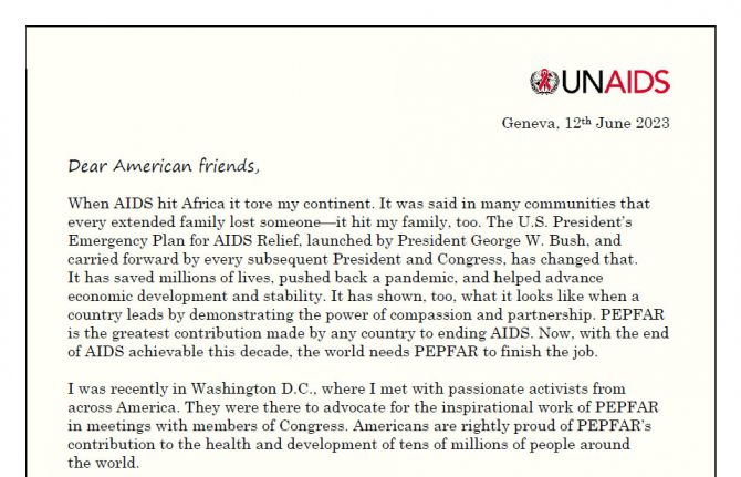To mark the 20th Anniversary year of PEPFAR, UNAIDS Executive Director has written a letter to the American people. To mark the 20th Anniversary year of PEPFAR, UNAIDS Executive Director has written a letter to the American people.