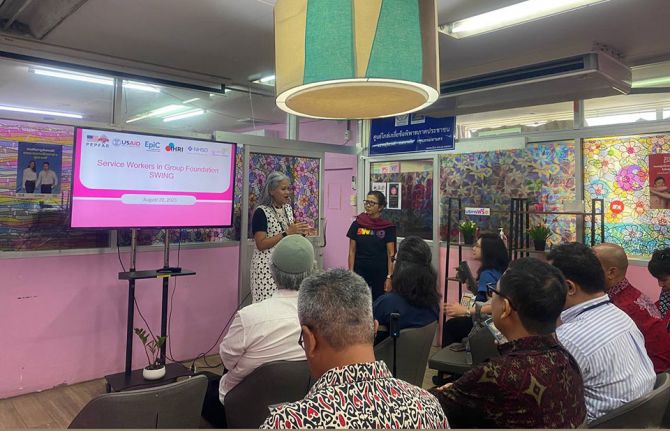 The Indonesian team visited the Service Workers in Group Foundation (SWING), an organization providing community services to female sex workers (FSW). Tina Boonto, UNAIDS Country Director for Indonesia, delivered her speech during the visit. The Indonesian team visited the Service Workers in Group Foundation (SWING), an organization providing community services to female sex workers (FSW). Tina Boonto, UNAIDS Country Director for Indonesia, delivered her speech during the visit.