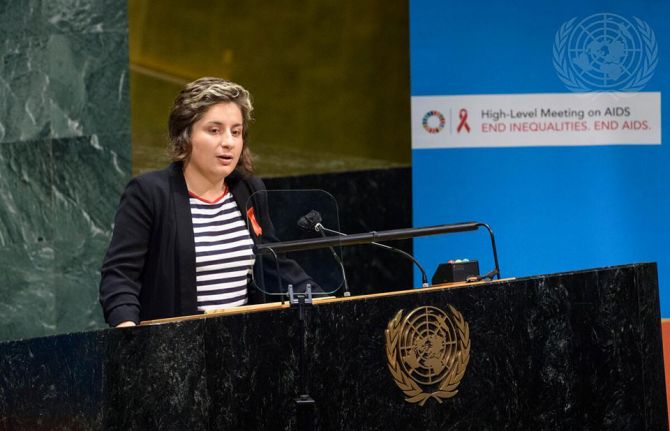Yana Panfilova addresses the United Nations High-Level Meeting on AIDS, 8–10 June). Credit: UN Photo/Loey Felipe