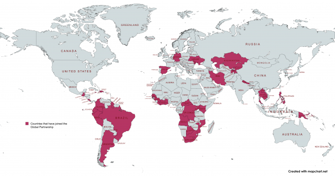 Map showing countries that have formally joined the Global Partnership, committing to take action on HIV-related stigma and discrimination across six settings in the next five years.